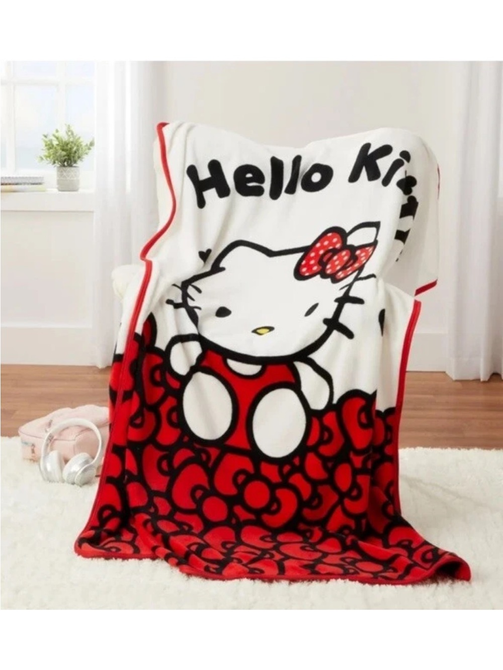 Hello Kitty Blanket Throw 60x46 Spring Blanket with Bows NEW Red Silk Feel